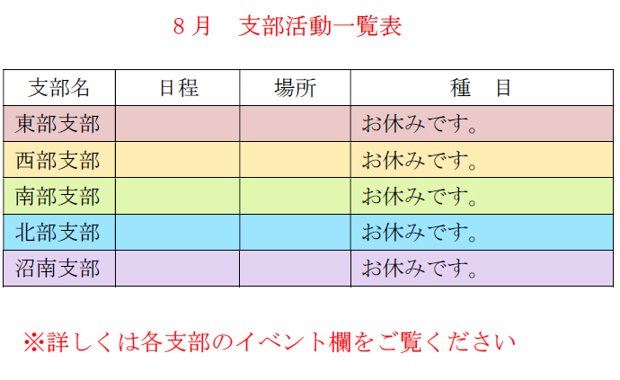 8月支部活動一覧表
