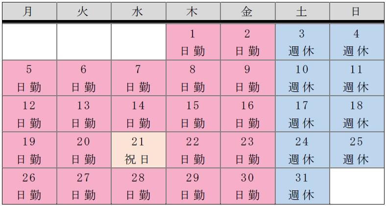 毎日勤務者の月間勤務予定表