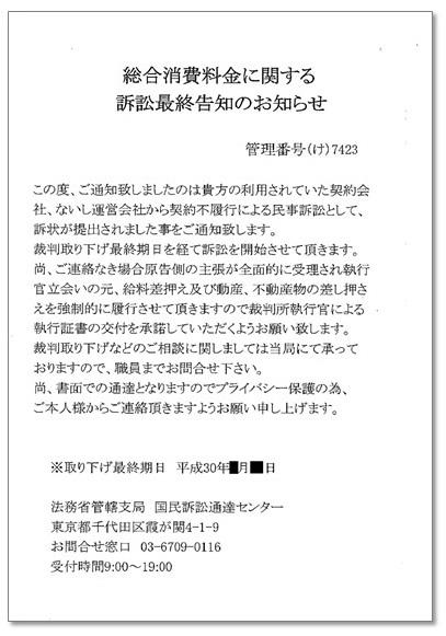 訴訟取り下げ最終期日などの架空請求のはがき